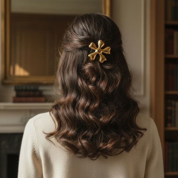 18K Gold Plated Stainless Steel Sculptural Flower Ponytail Cuff Hair Tie - Picture 2 of 5